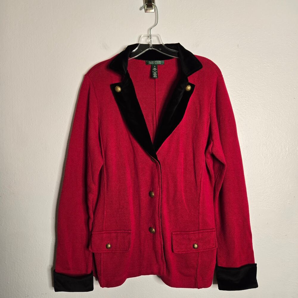 Equestrian Old Money Ralph Lauren Cardigan 1X Velvet Trim Crested Gold Buttons